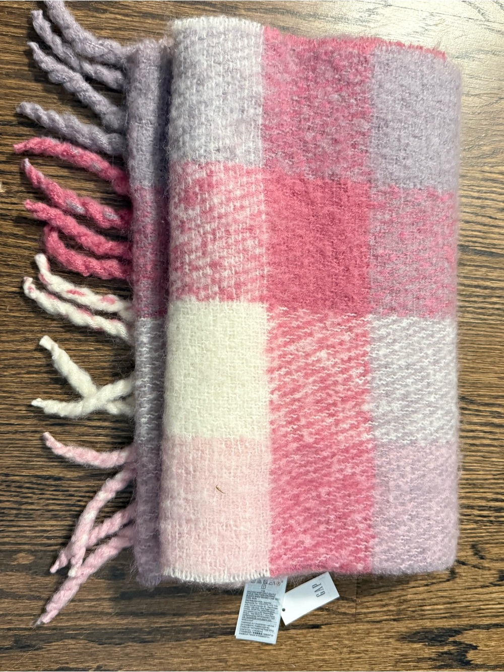 GAP Pink & Lavender Plaid Fringe Scarf